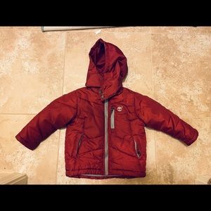 Timberland toddler kids red puffer winter jacket XS 2/3 Removable hood unisex
